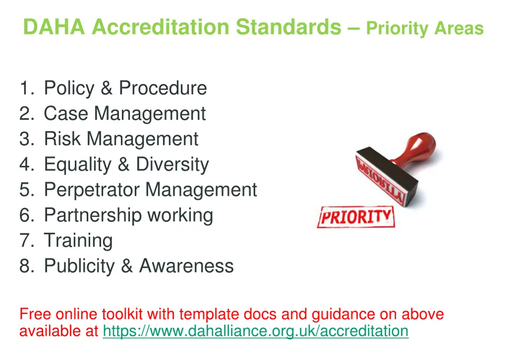 daha accreditation standards priority areas