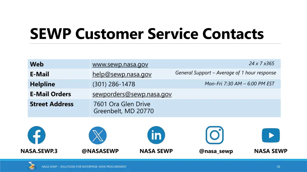 sewp customer service contacts