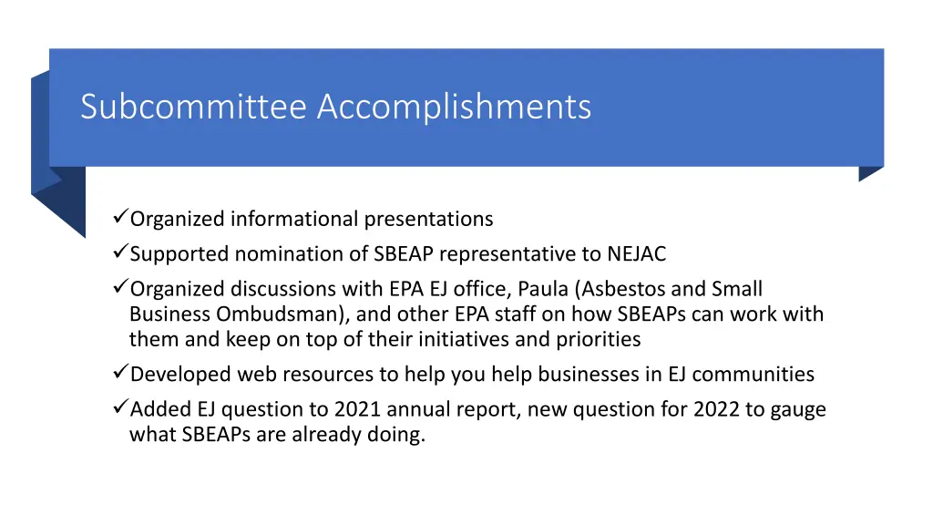 subcommittee accomplishments