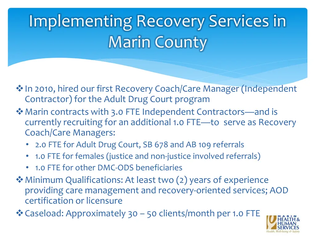 implementing recovery services in marin county