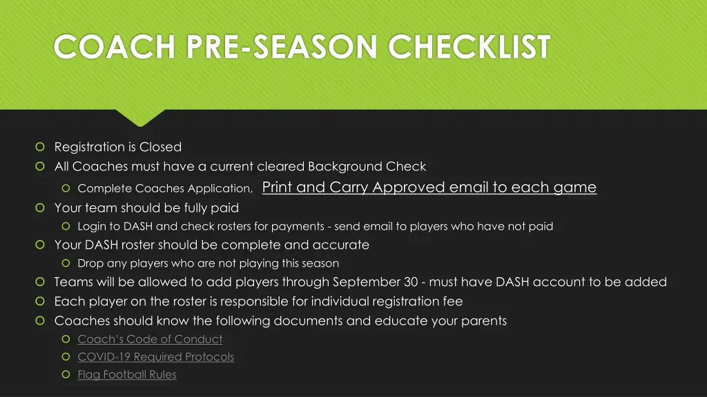 coach pre season checklist