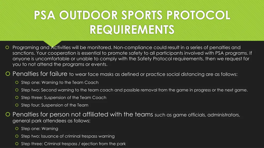 psa outdoor sports protocol requirements