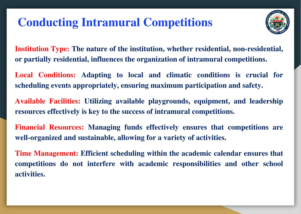 conducting intramural competitions
