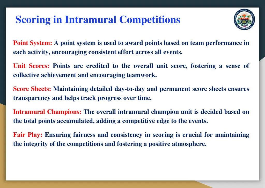 scoring in intramural competitions
