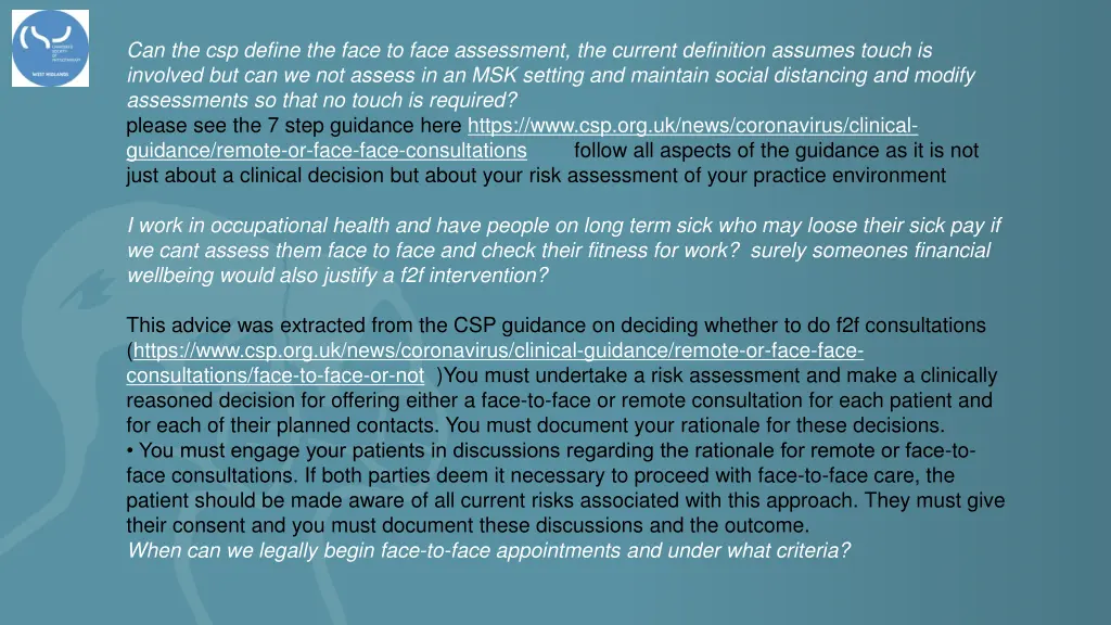 can the csp define the face to face assessment