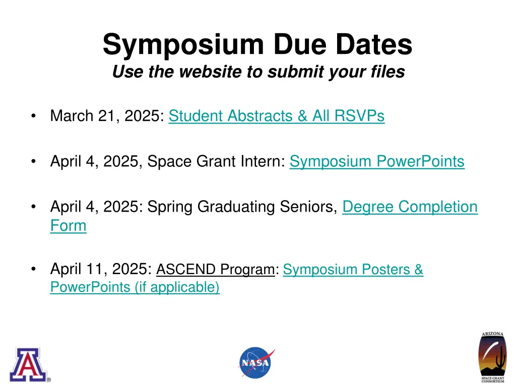 symposium due dates use the website to submit