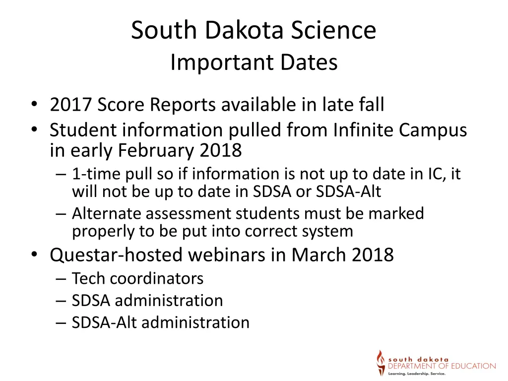 south dakota science important dates