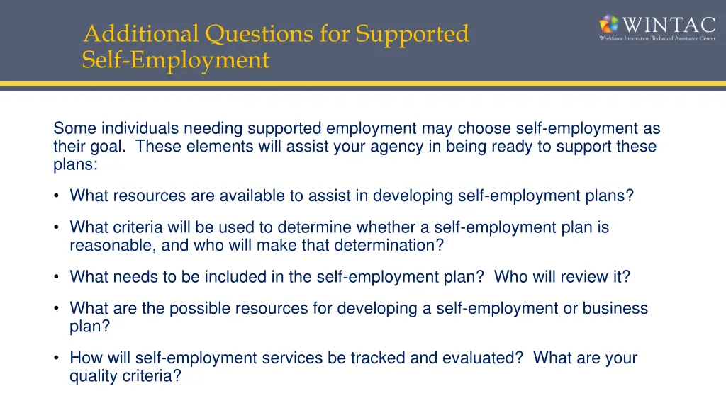 additional questions for supported self employment