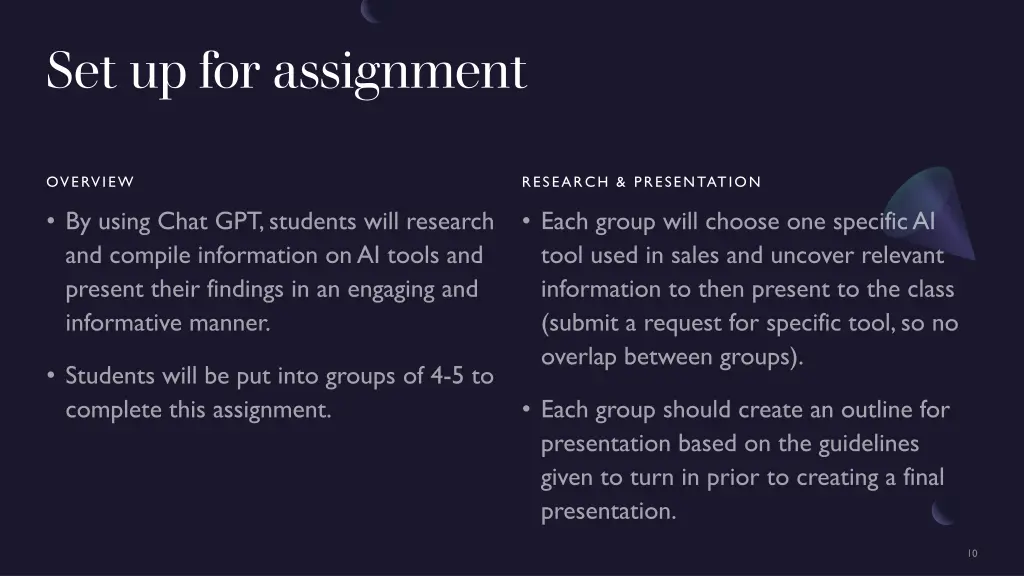 set up for assignment