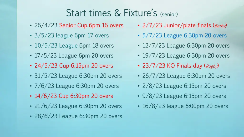 start times fixture s senior