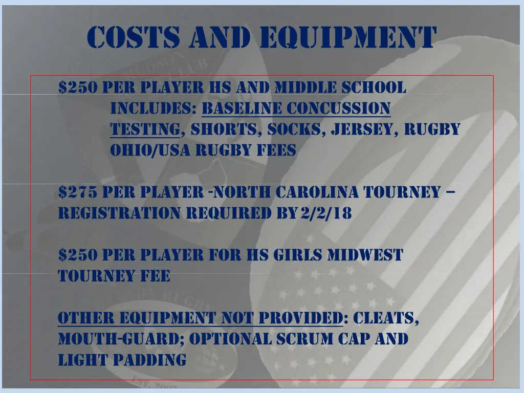 costs and equipment