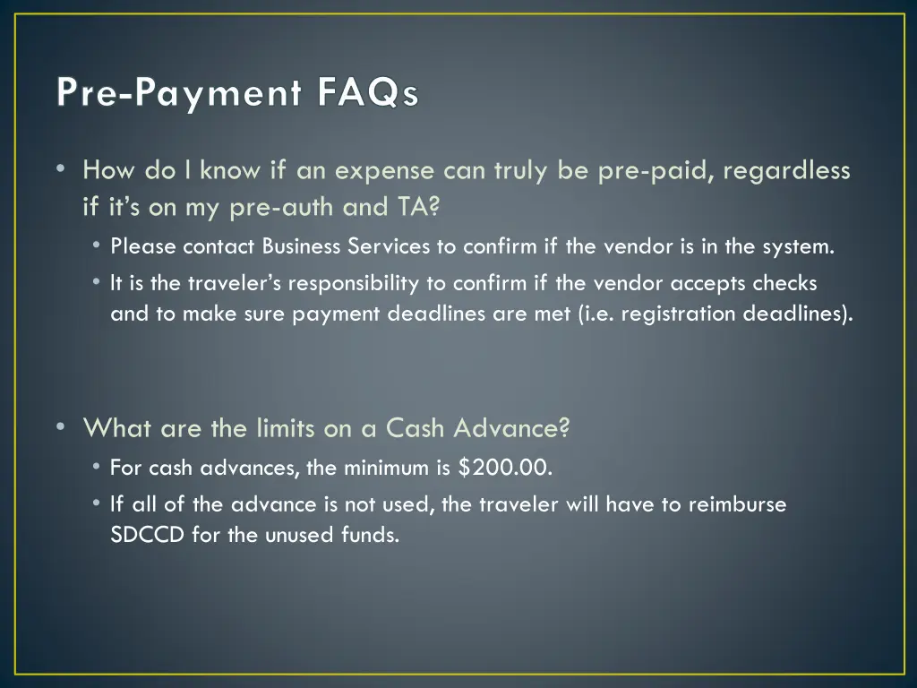 pre payment faqs