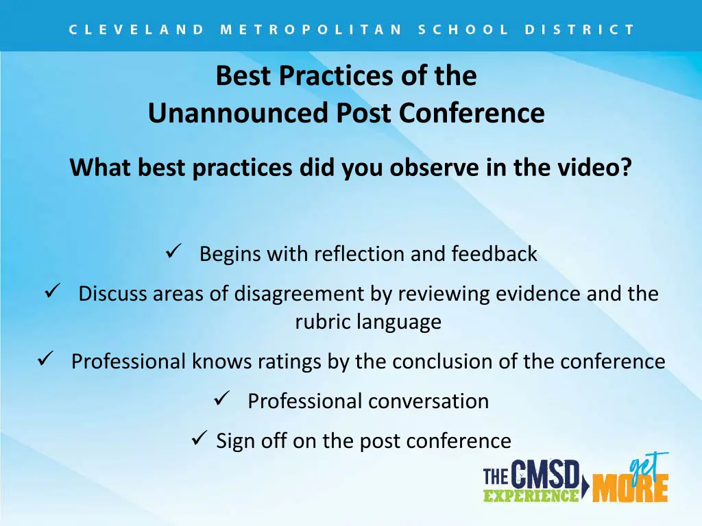 best practices of the unannounced post conference