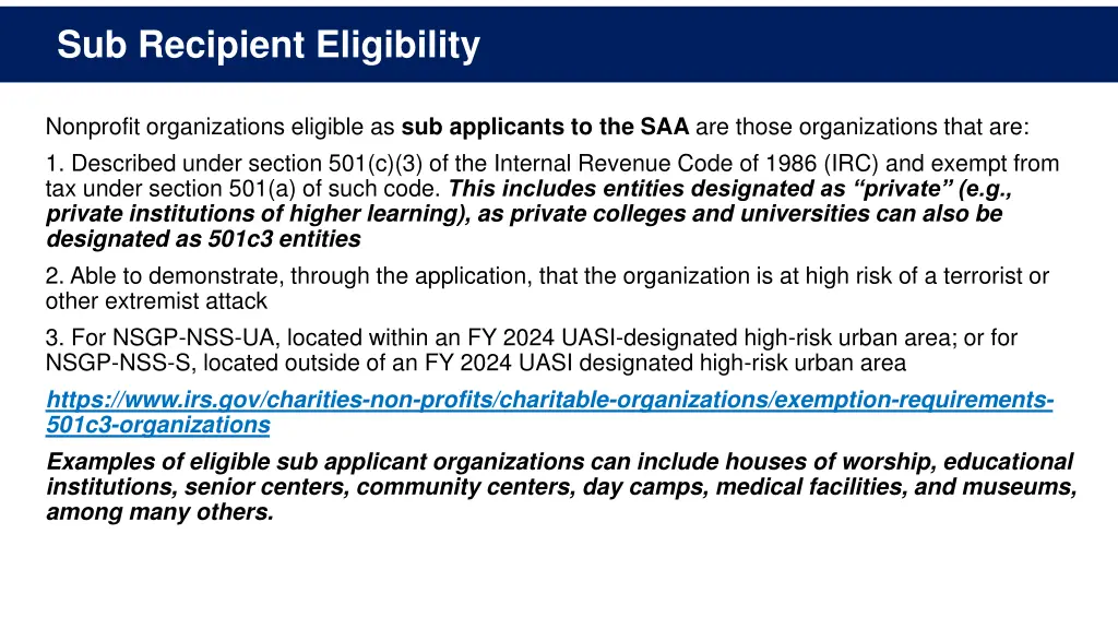 sub recipient eligibility