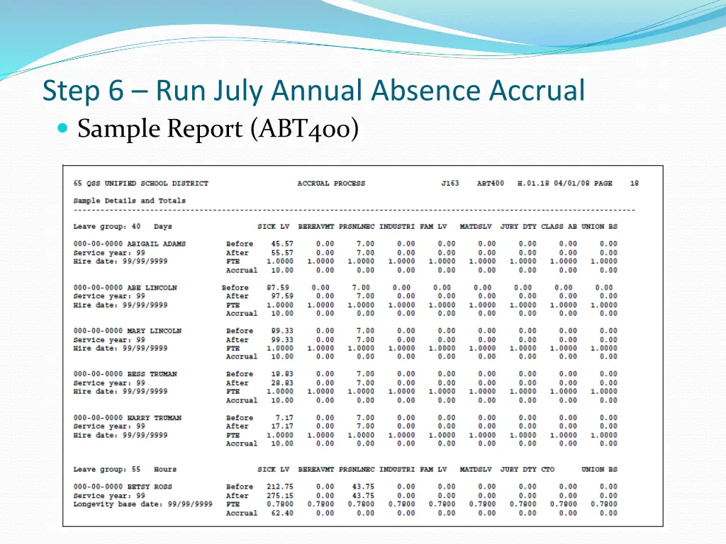 step 6 run july annual absence accrual sample
