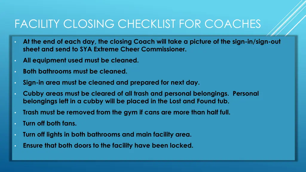 facility closing checklist for coaches