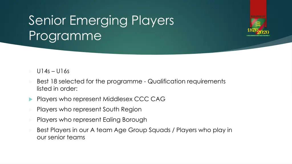 senior emerging players programme