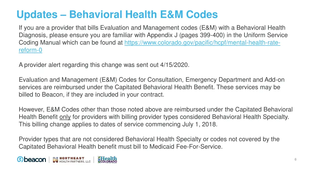 updates behavioral health e m codes