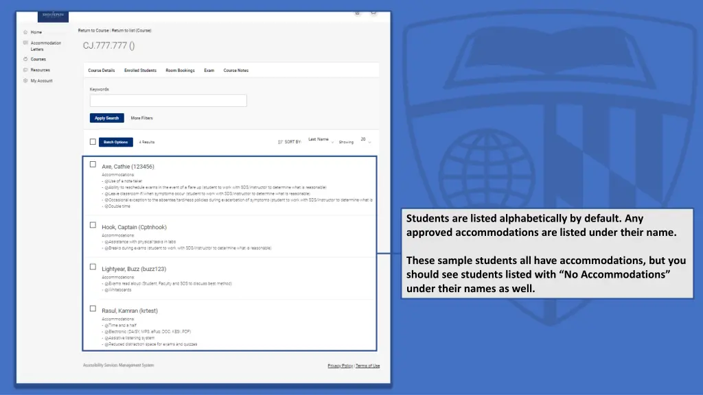 students are listed alphabetically by default