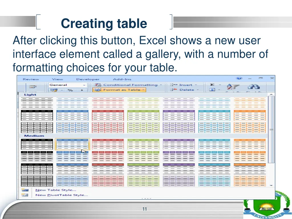 creating table after clicking this button excel