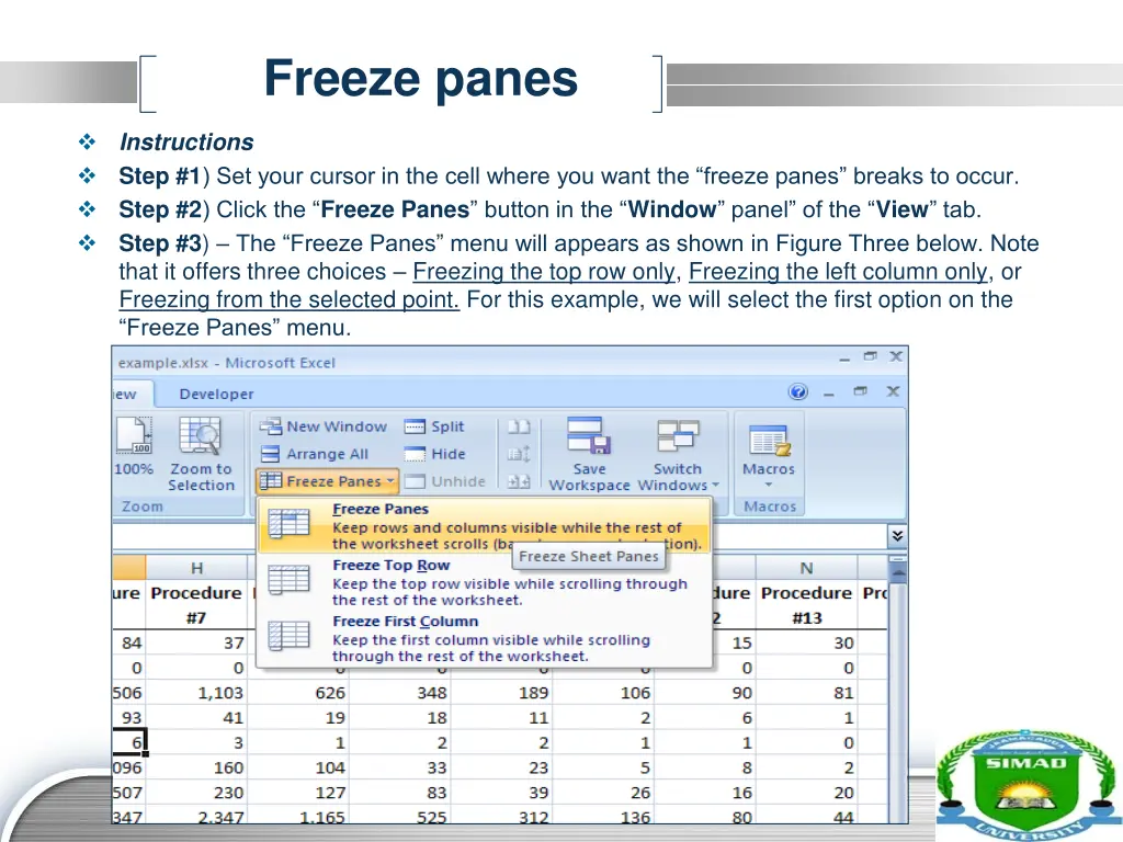 freeze panes 1