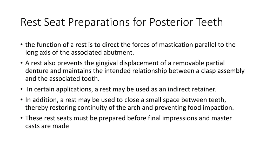 rest seat preparations for posterior teeth