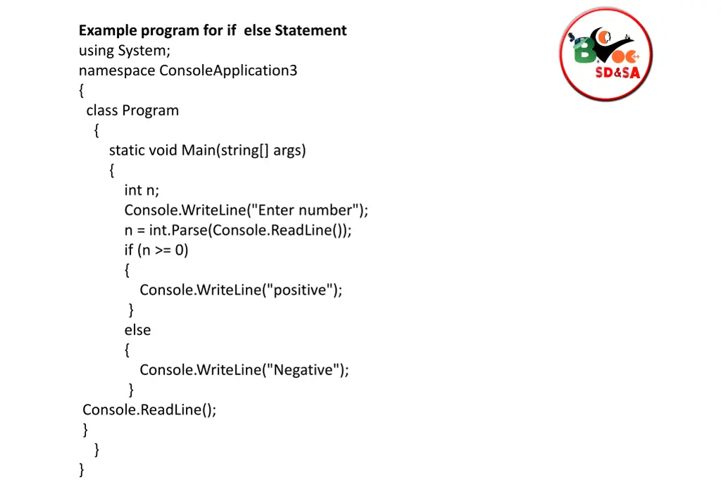 example program for if else statement using