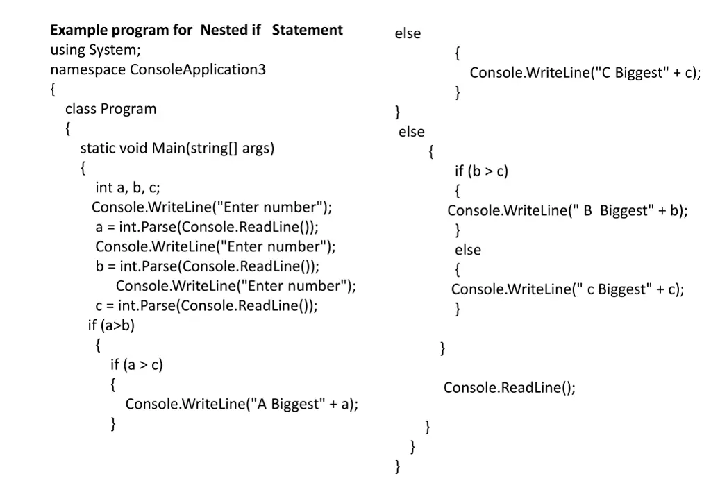 example program for nested if statement using