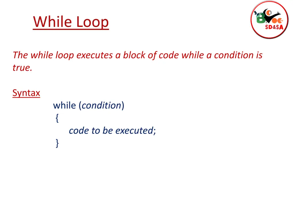 the while loop executes a block of code while