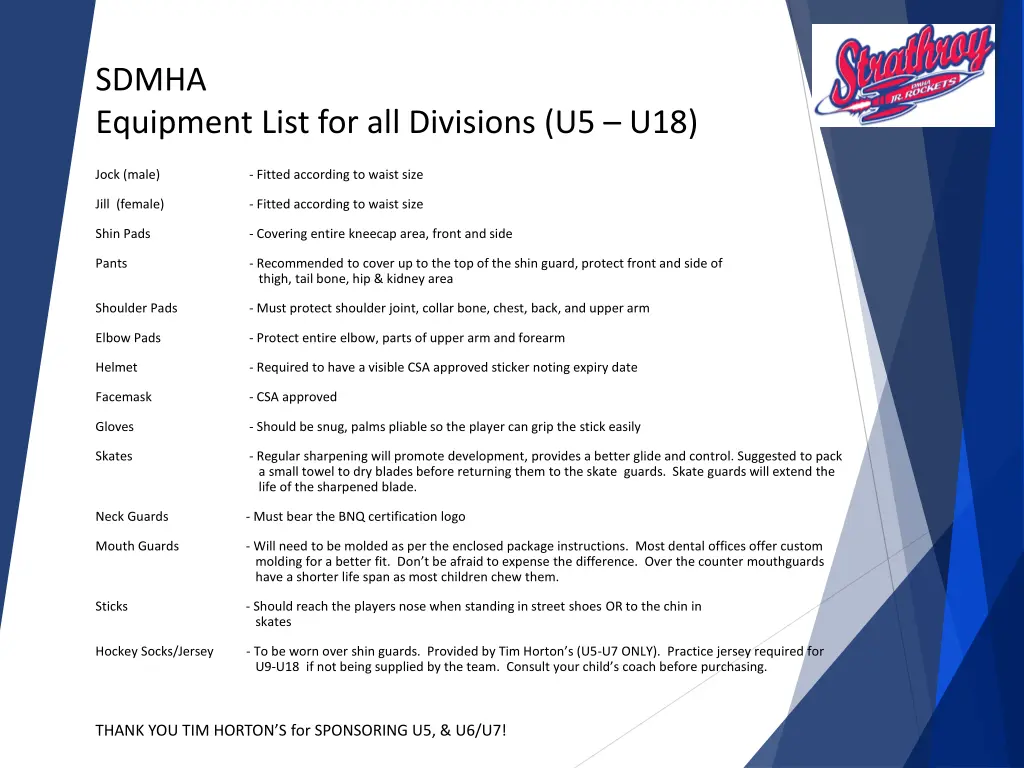 sdmha equipment list for all divisions u5 u18