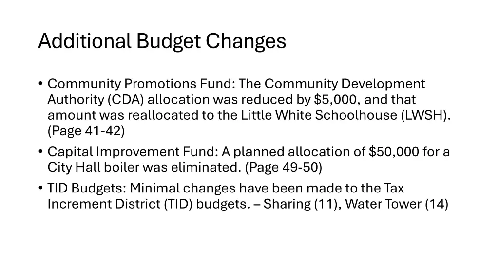 additional budget changes