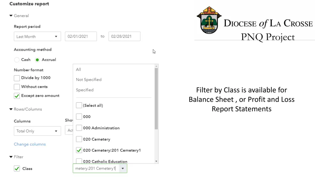 filter by class is available for balance sheet