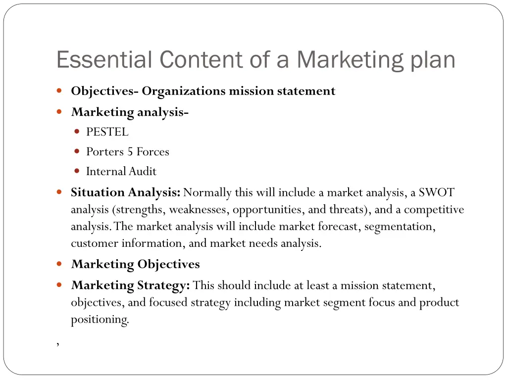 essential content of a marketing plan
