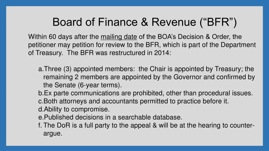 board of finance revenue bfr