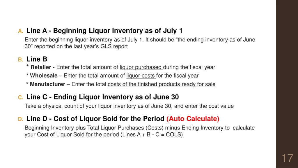 a line a beginning liquor inventory as of july