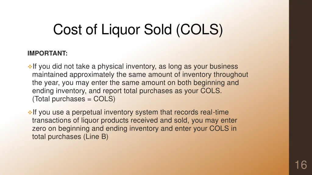 cost of liquor sold cols