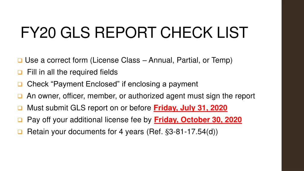 fy20 gls report check list