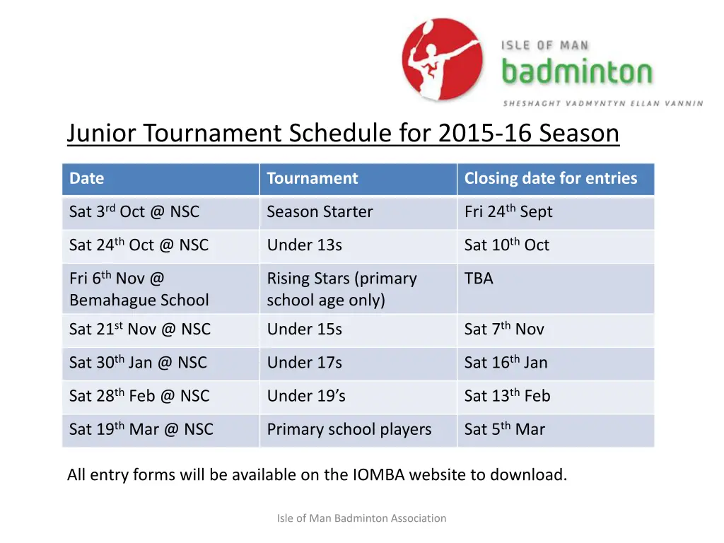 junior tournament schedule for 2015 16 season