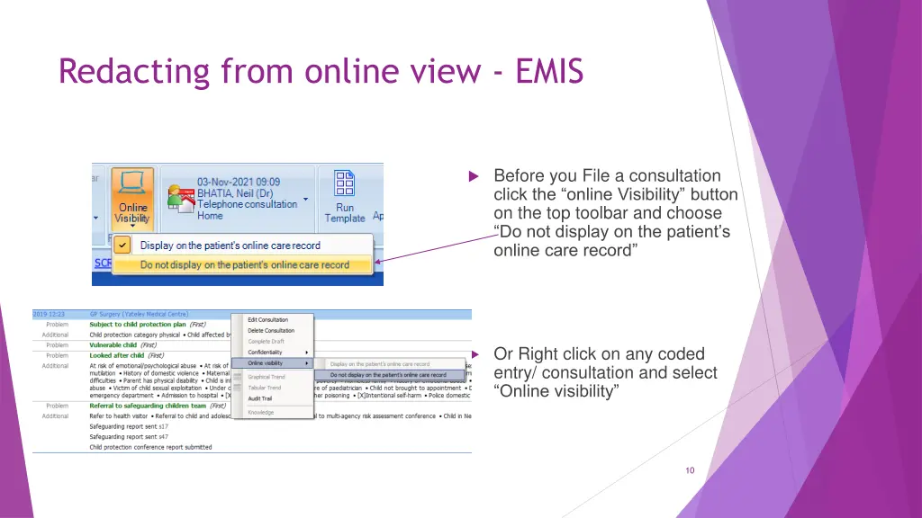 redacting from online view emis