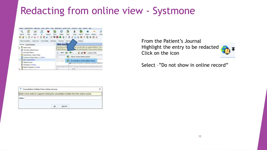 redacting from online view systmone