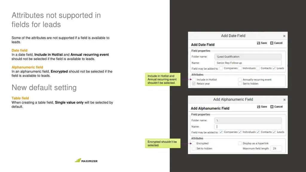 attributes not supported in fields for leads