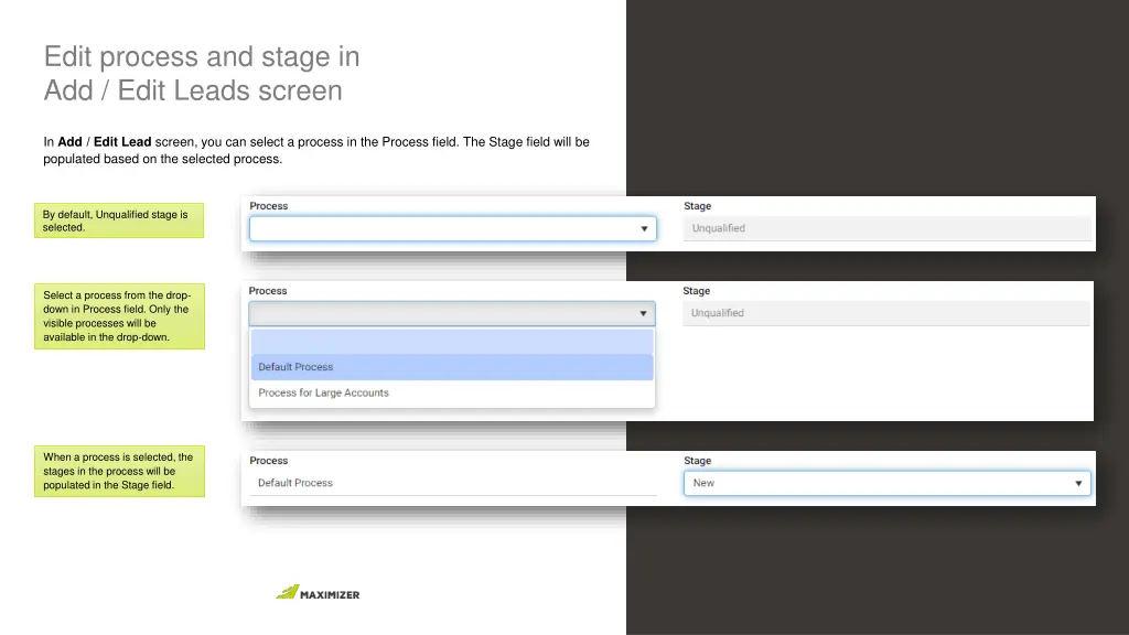 edit process and stage in add edit leads screen