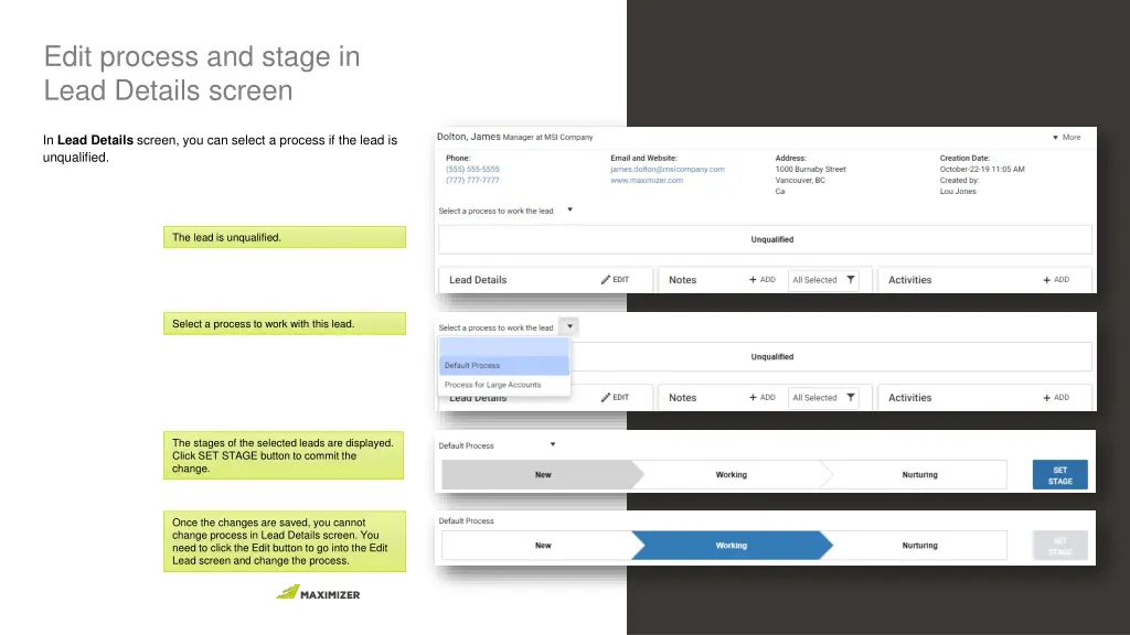 edit process and stage in lead details screen