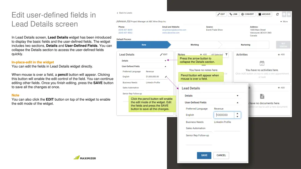 edit user defined fields in lead details screen