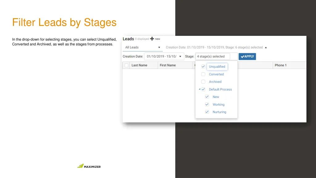 filter leads by stages