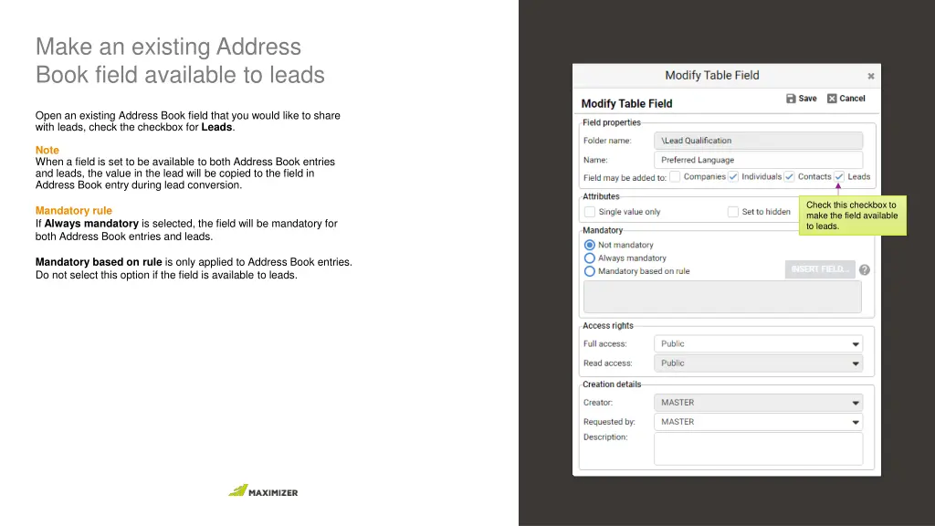 make an existing address book field available