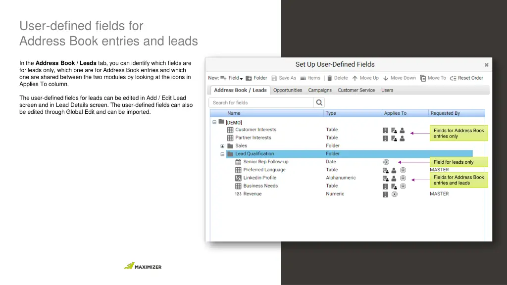 user defined fields for address book entries