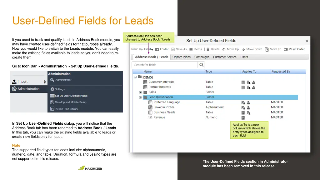 user defined fields for leads