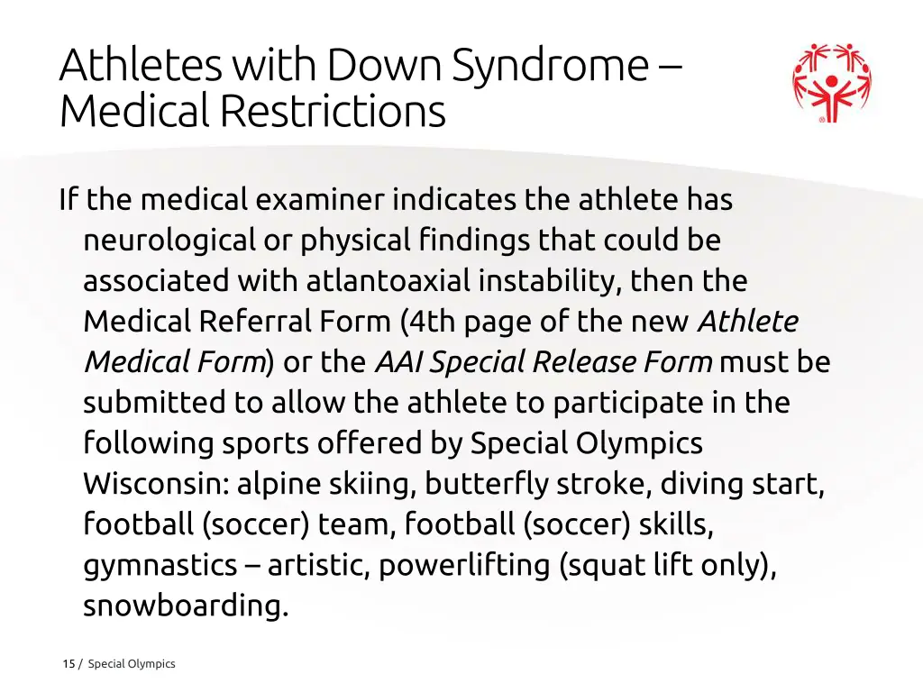 athletes with down syndrome medical restrictions