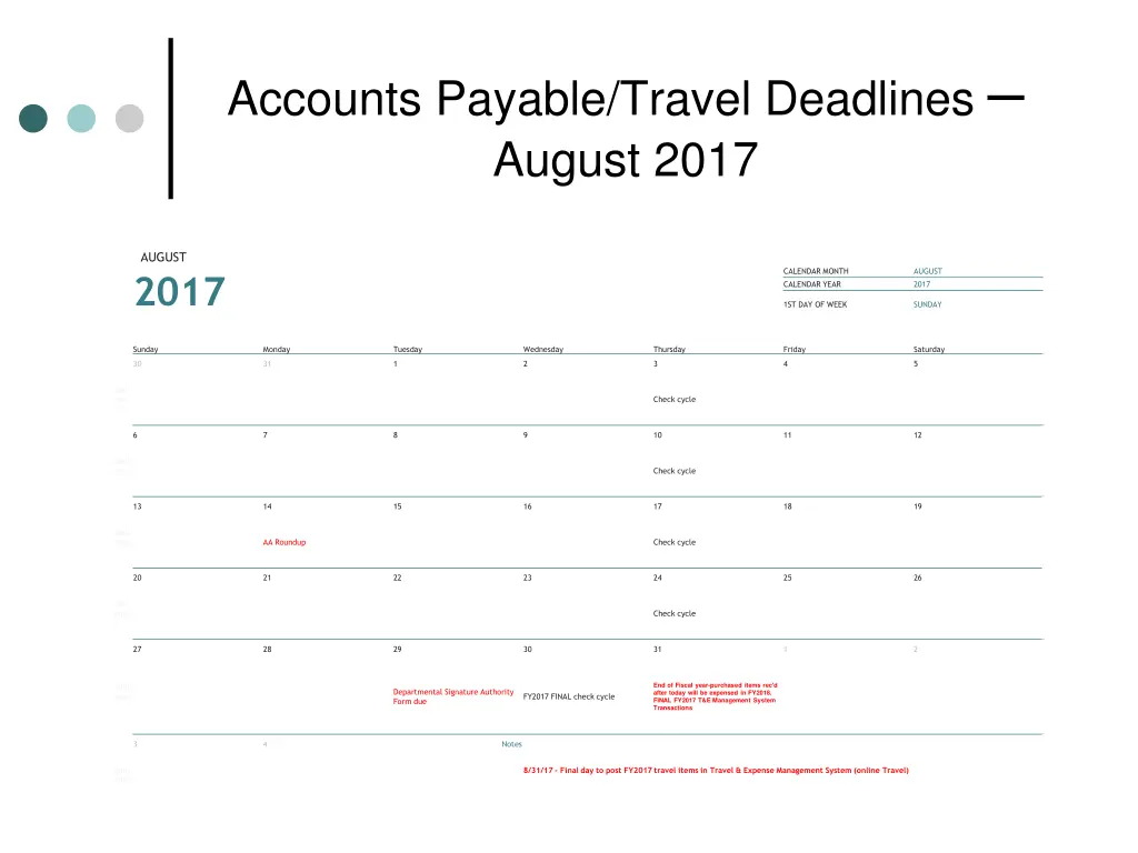 accounts payable travel deadlines august 2017